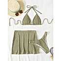 Shein 3 Pieces Rib Halter Tied Knot Triangle Bikini and Skirt