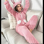 Shein Heart Pattern 3D Ear Design Hooded Flannel Sleep Jumpsuit