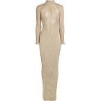 Tom Ford Metallic Knit Turtleneck Long-Sleeve Open-Back Maxi Gown