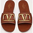 Valentino Vlogo Signature Slide Sandals in Tan