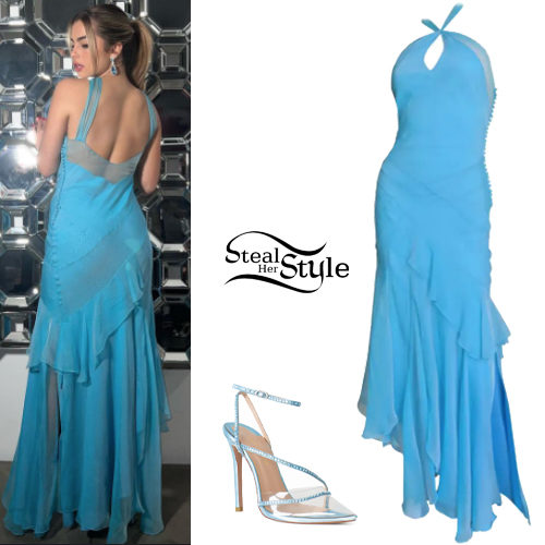 Blue Slik Dress and Sandals