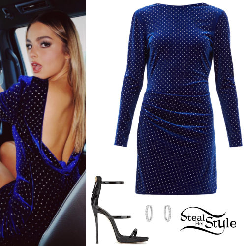 Blue Velvet Dress, Black Sandals