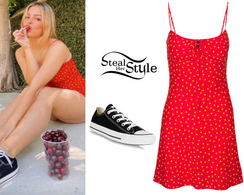 Red Polka-Dot Mini Dress and Black Sneakers