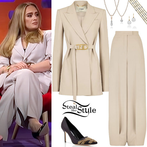 Beige Suit, Embroidered Pumps