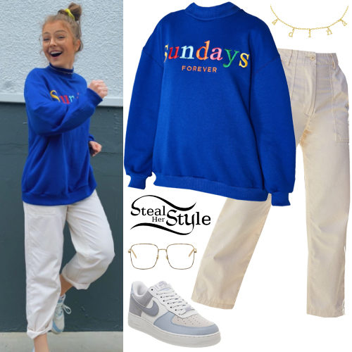 Blue Sweatshirt, White Pants