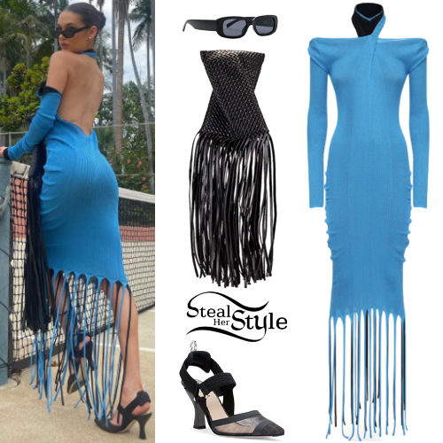 Blue Fringe Dress, Black Pumps