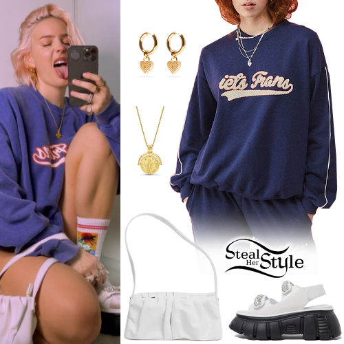 Blue Sweatshirt, White Sandals