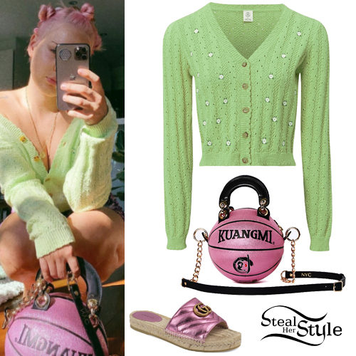 Green Cardigan, Pink Sandals