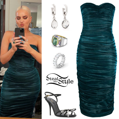 Teal Lamé Satin Dress and Crystal-Embellished Sandals