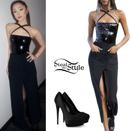 Black Vinyl Cross-Strap Top and Maxi Skirt