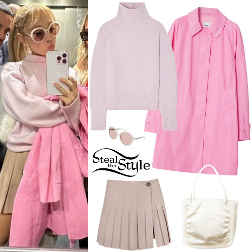 Lilac Sweater, Beige Skirt