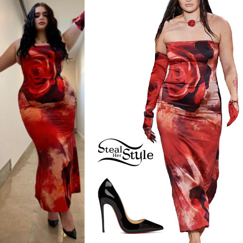 Rose Print Dress, Black Pumps