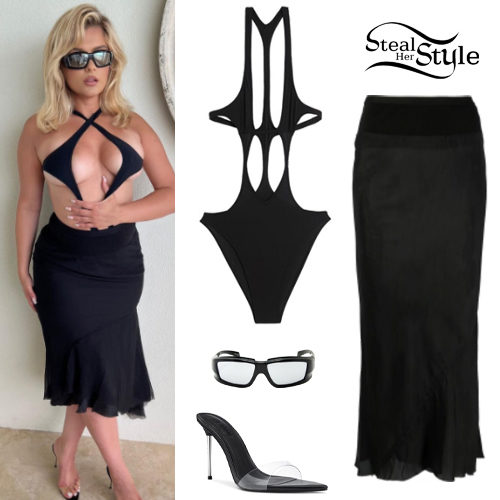 Black Cut-Out Swimsuit and Asymmetric Midi Skirt