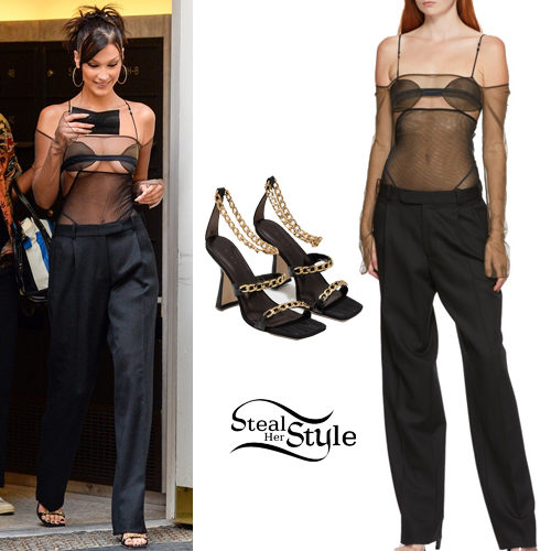 Mesh Bodysuit, Pleated Trousers and Chain Sandals