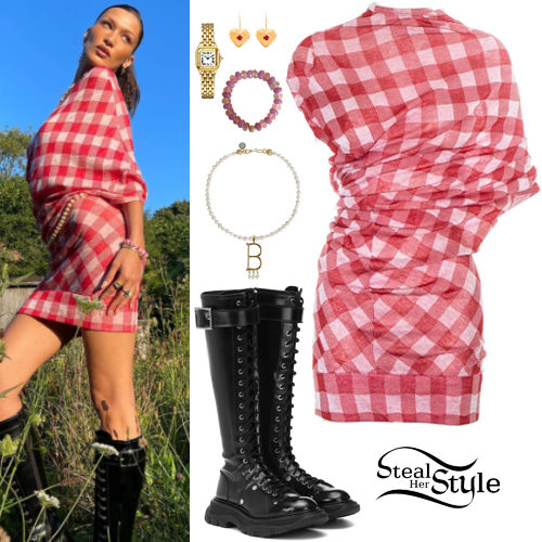 Red Check Dress, Lace-Up Boots