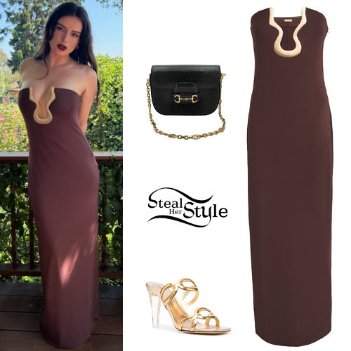 Brown Dress, Gold Sandals