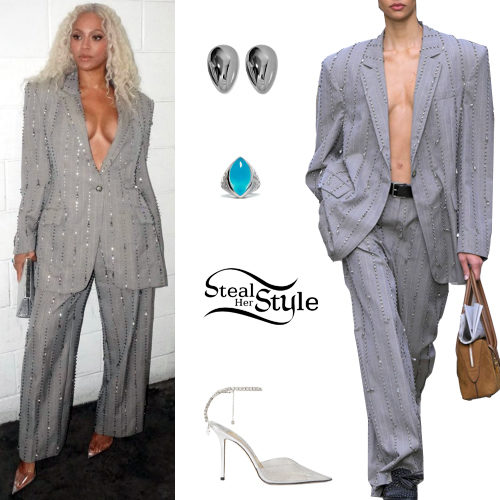 Embellished Suit, Clear Pumps