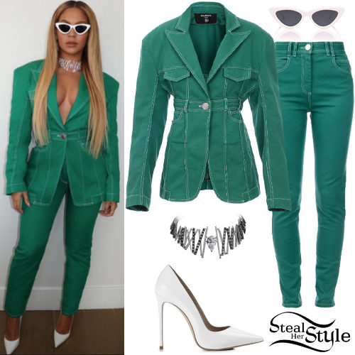 Green Denim Suit, White Pumps