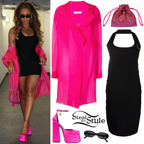 Pink Coat, Black Mini Dress