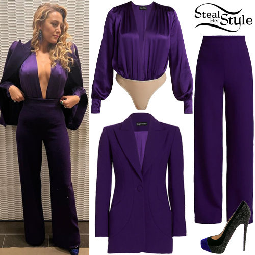 Purple Satin Bodysuit, Blazer, and High-Waisted Pants