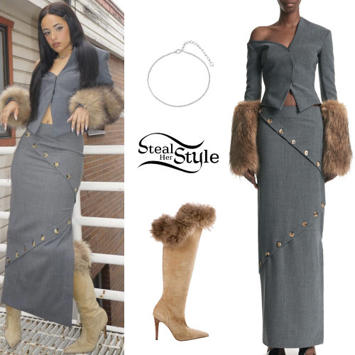 Grey Faux-Fur Cuff Jacket and Buttoned Maxi Skirt