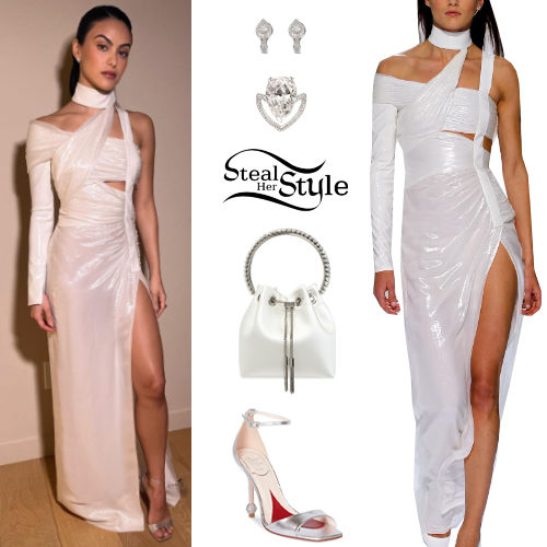 Versace One-Shoulder Dress and Silver Sandals