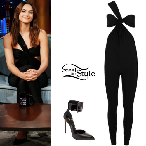 Black One-Shoulder Catsuit and Buckled Pumps