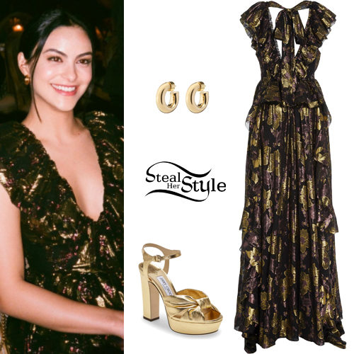 Metallic Floral Ruffle Gown and Gold Platform Sandals