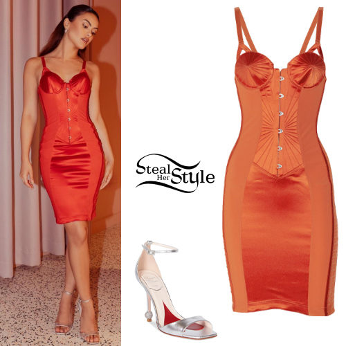 Red Cone Bra Corset Dress and Silver Sandals