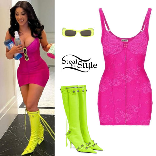 Pink Lace Mini Dress and Neon Cagole Boots