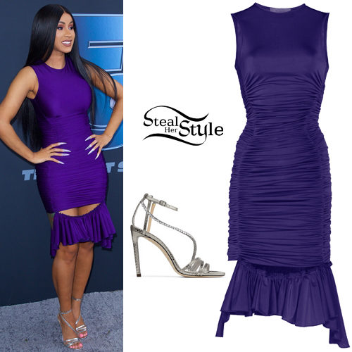 Purple Ruched Midi Dress and Silver Strappy Sandals