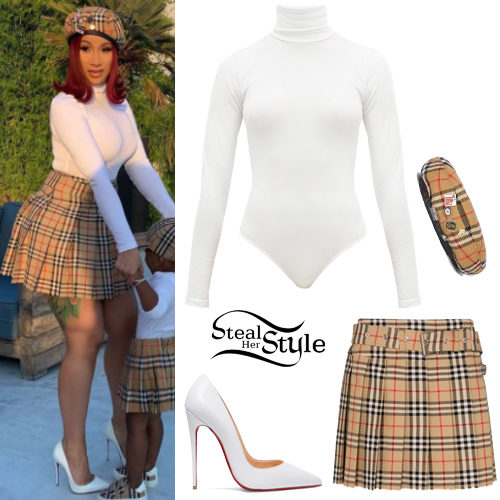 White Turtleneck, Checked Skirt