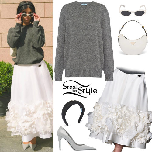 Grey Sweater, White Skirt