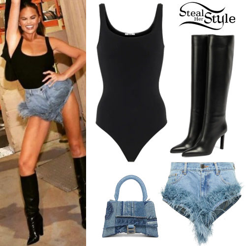 Black Bodysuit, Feather-Trim Shorts