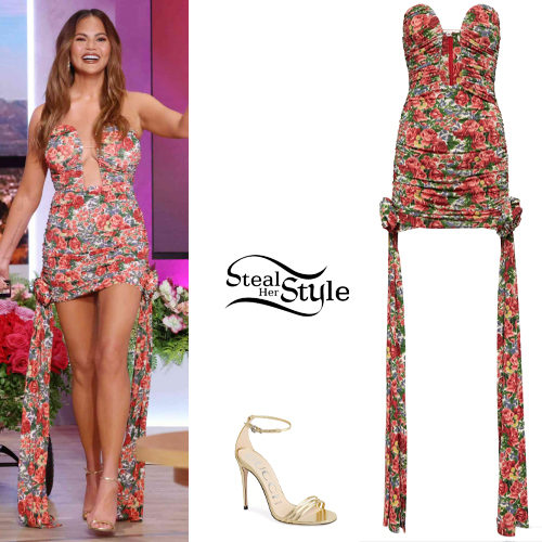 Magda Butrym Floral Mini Dress and Gold Gucci Sandals