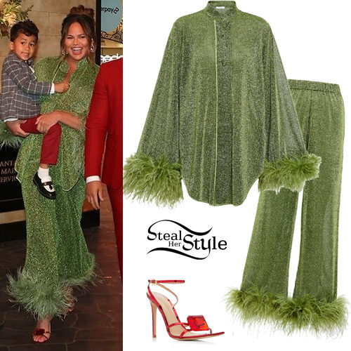 Green Shimmer Feather-Trim Shirt and Pants