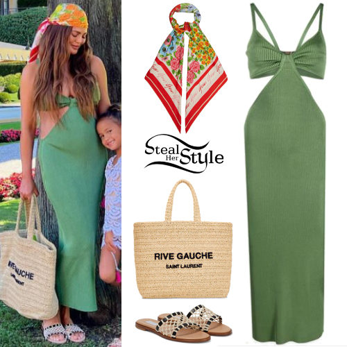 Green Dress, Raffia Bag