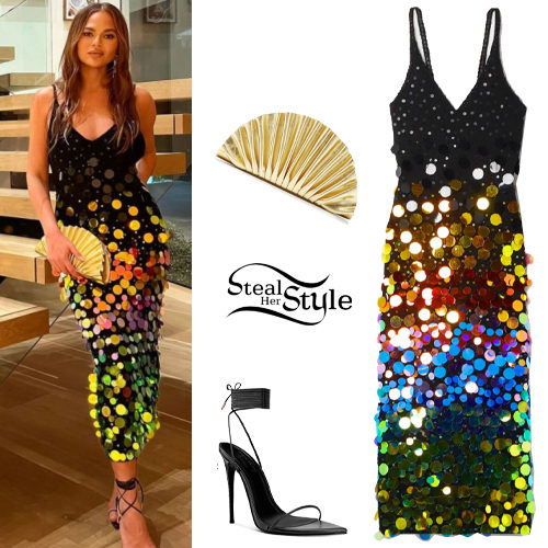 Pailette Dress, Black Sandals