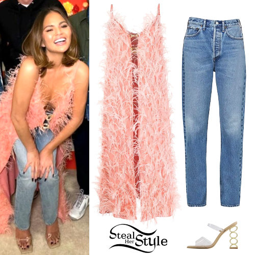 Pink Feather Top, Blue Jeans