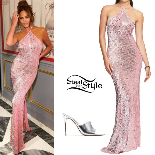 Pink Sequin Halter Maxi Dress and Silver Mules