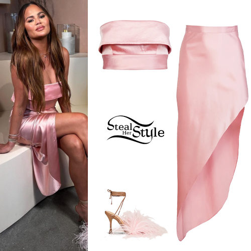 Pink Silk Strapless Top and High Slit Skirt