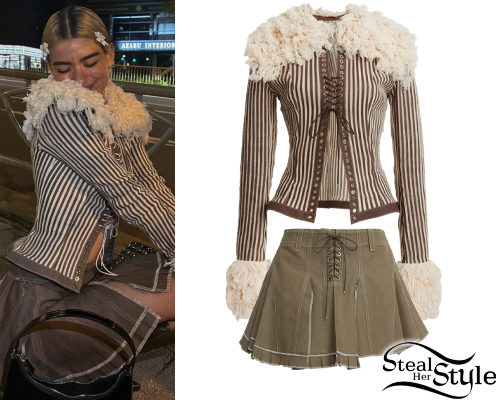 Striped Lace-Up Jacket and Asymmetric Denim Skirt