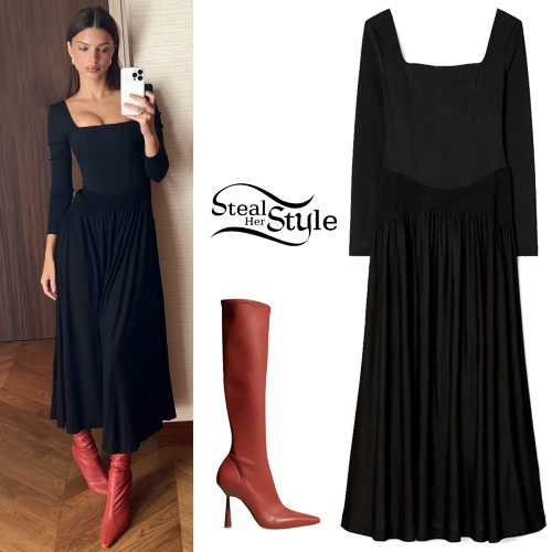 Black Tory Burch Maxi Dress and Red Pointed Boots