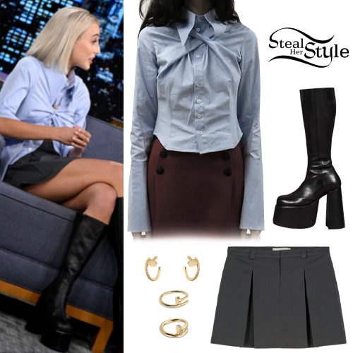 Blue Shirt, Pleated Mini Skirt