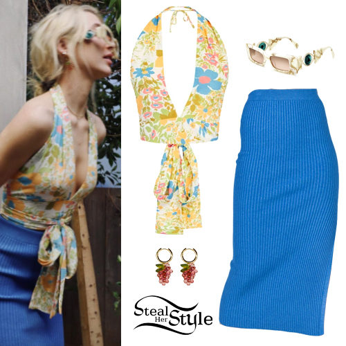 Floral Top, Blue Skirt