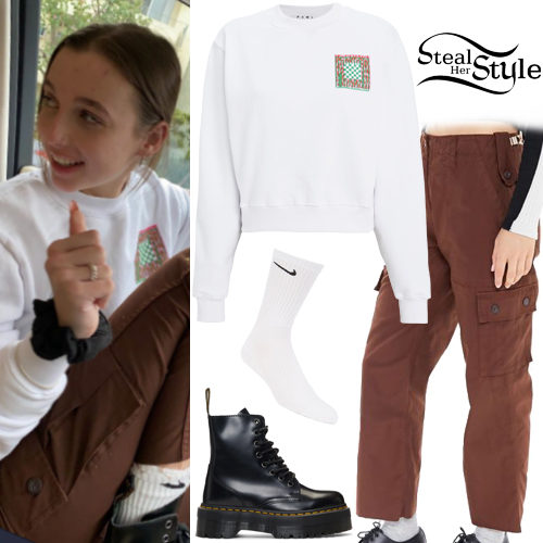 White Sweatshirt, Brown Pants