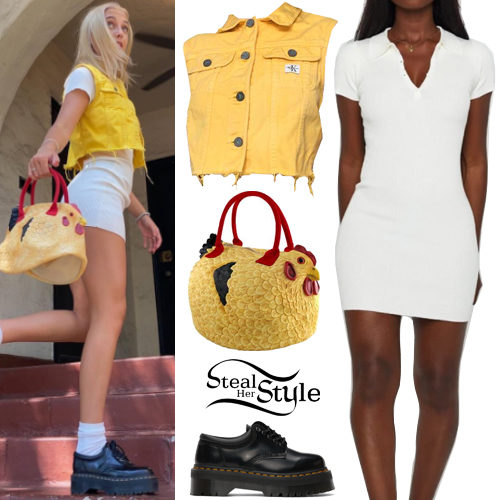 Yellow Vest, White Knit Dress