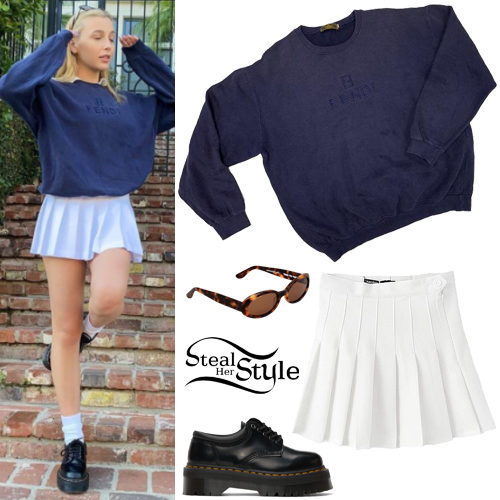 Navy Sweatshirt, White Mini Skirt