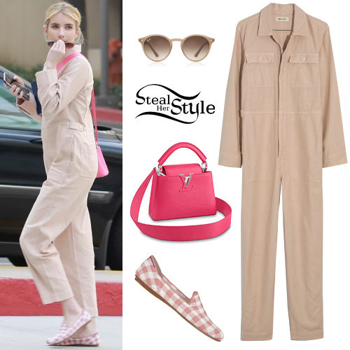 Beige Jumpsuit, Pink Loafers