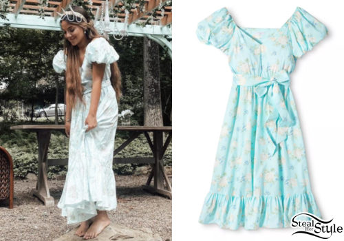 Blue Puff-Sleeve Floral Midi Dress